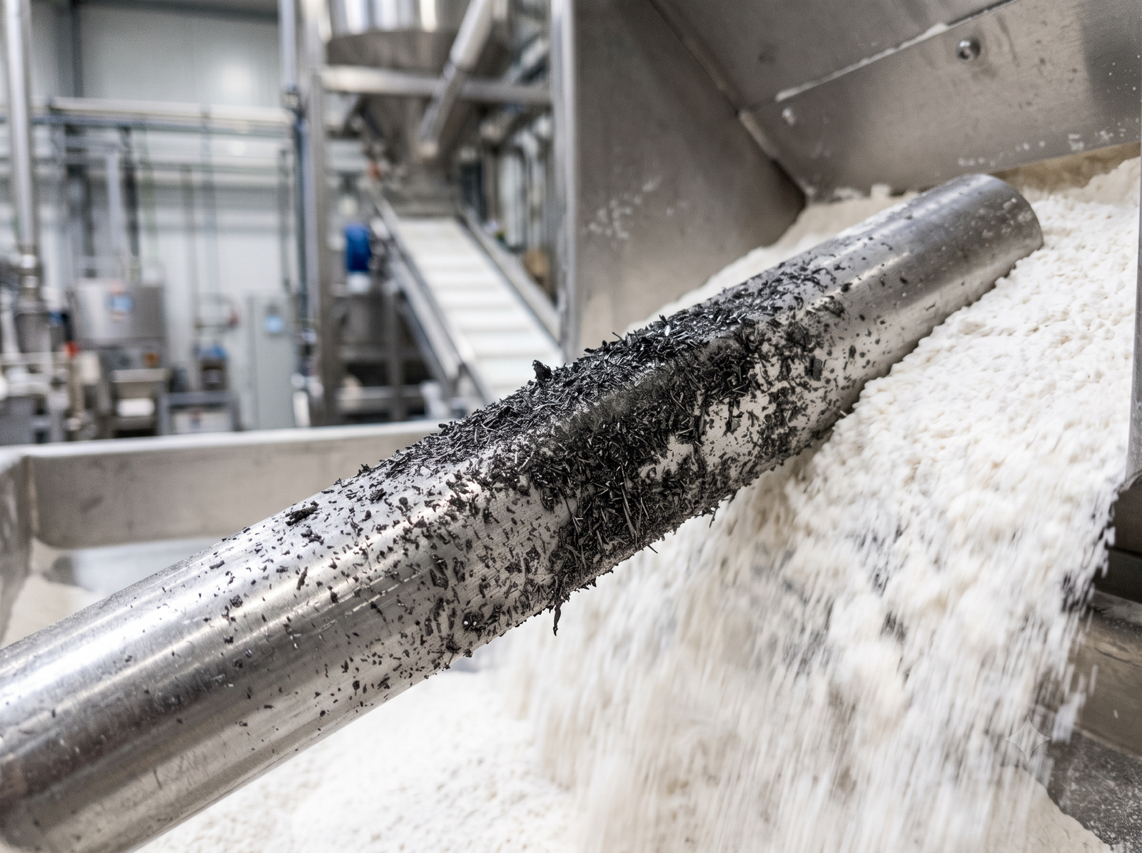 Barreau magnétique en inox couvert de particules métalliques ferreuses captées dans un flux de poudre alimentaire