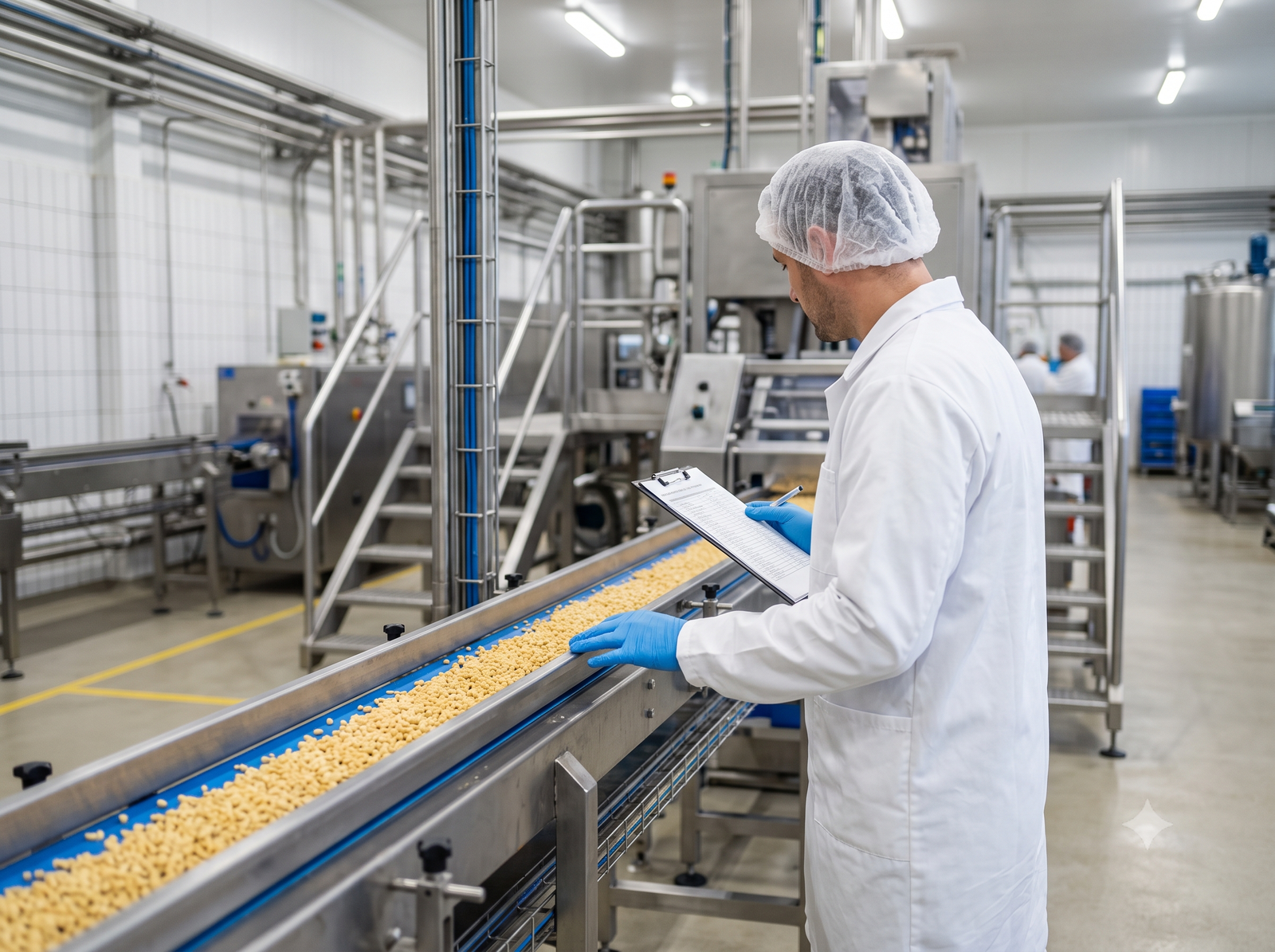 Responsable qualité inspectant une ligne de production agroalimentaire pour le contrôle des impuretés