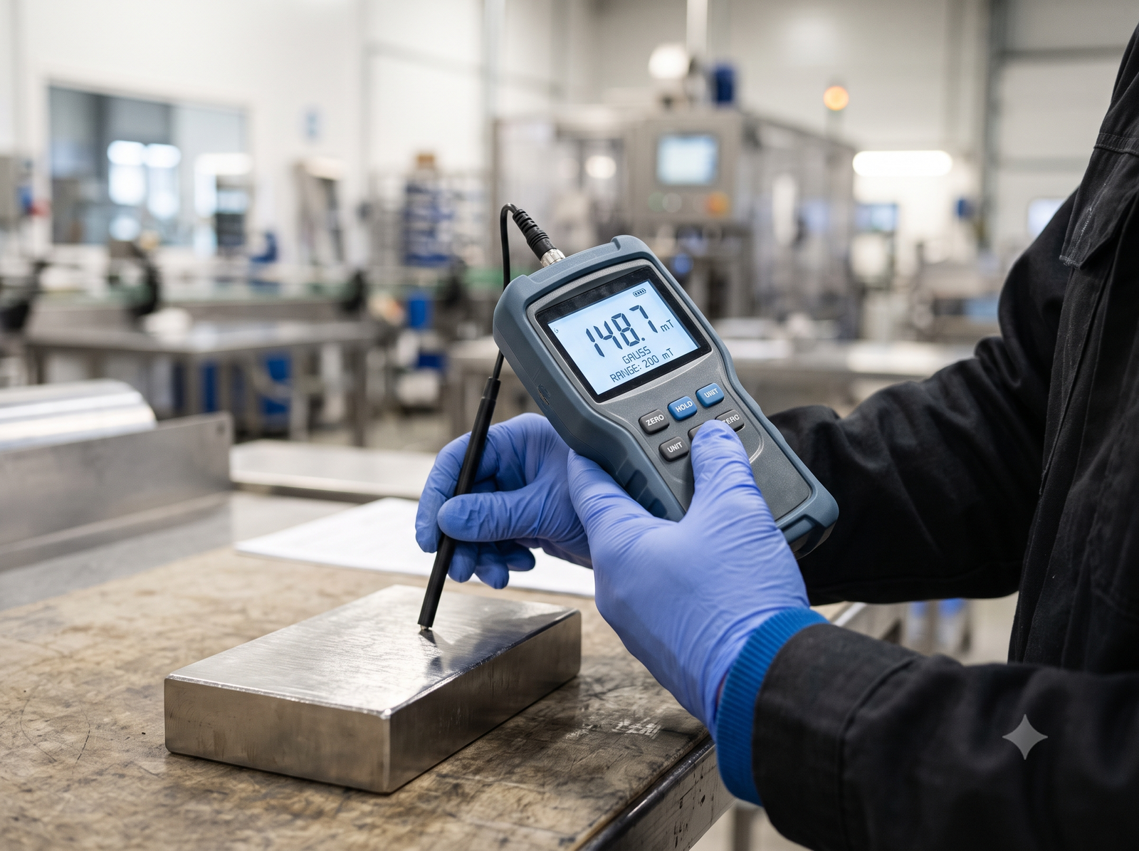 Technicien mesurant la puissance d'un aimant au gaussmètre portable pour contrôler l'efficacité d'un séparateur magnétique